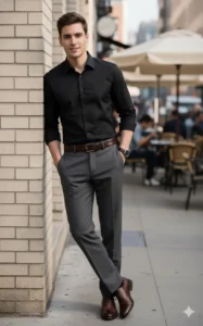 Men's Slim Fit Shirt & Grey Trouser Set: Business Casual Outfit