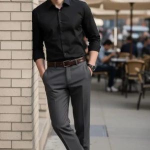 Men's Slim Fit Shirt & Grey Trouser Set: Business Casual Outfit